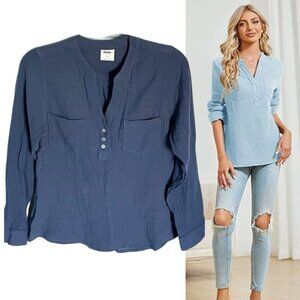 Mote Blue Crinkle Cotton Long Sleeve V-Neck Tunic Top Size Small - 47614